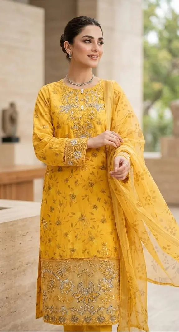 Mustard Yellow Luxury Embroidered