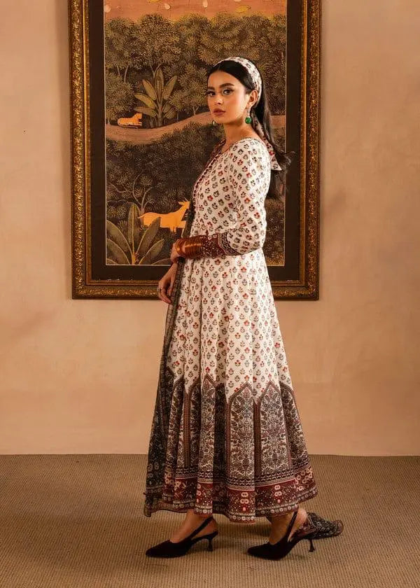 Ivory and Maroon Block Print Flared Anarkali Dress